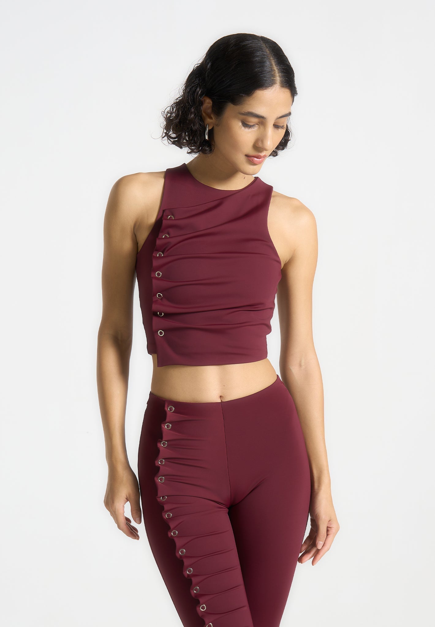 Eyelet Detail Tacked Racer Top  - Wine Red