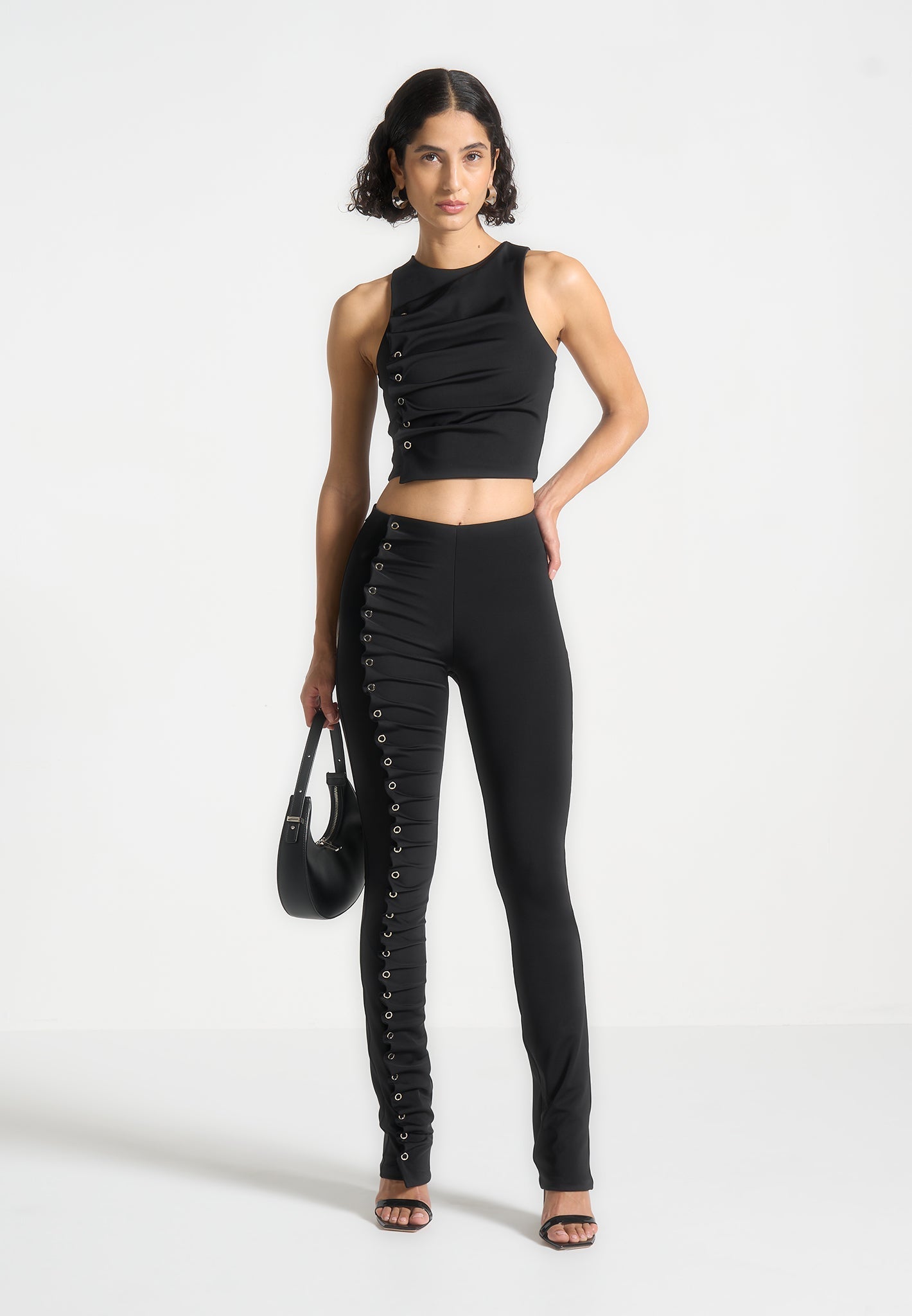 Eyelet Detail Tacked Racer Top  - Black