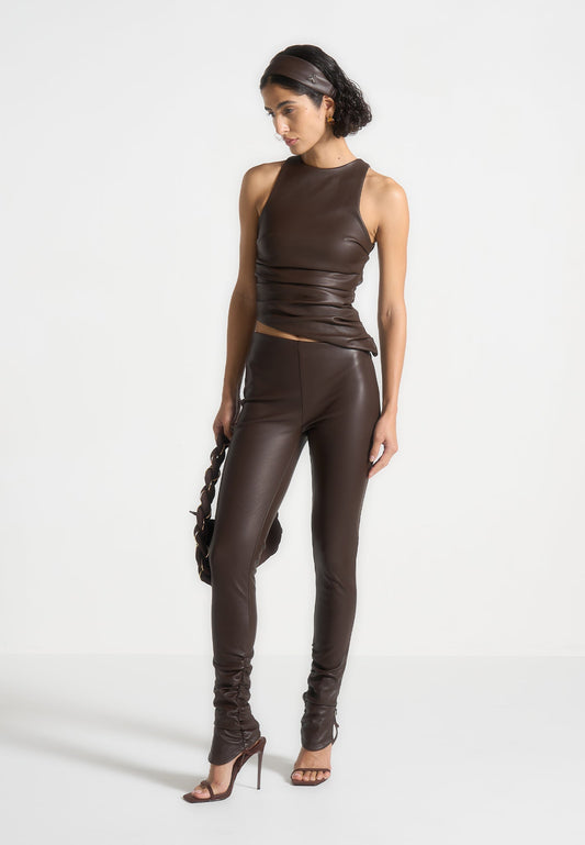 Leather Asymmetric Tacked Racer Top - Brown