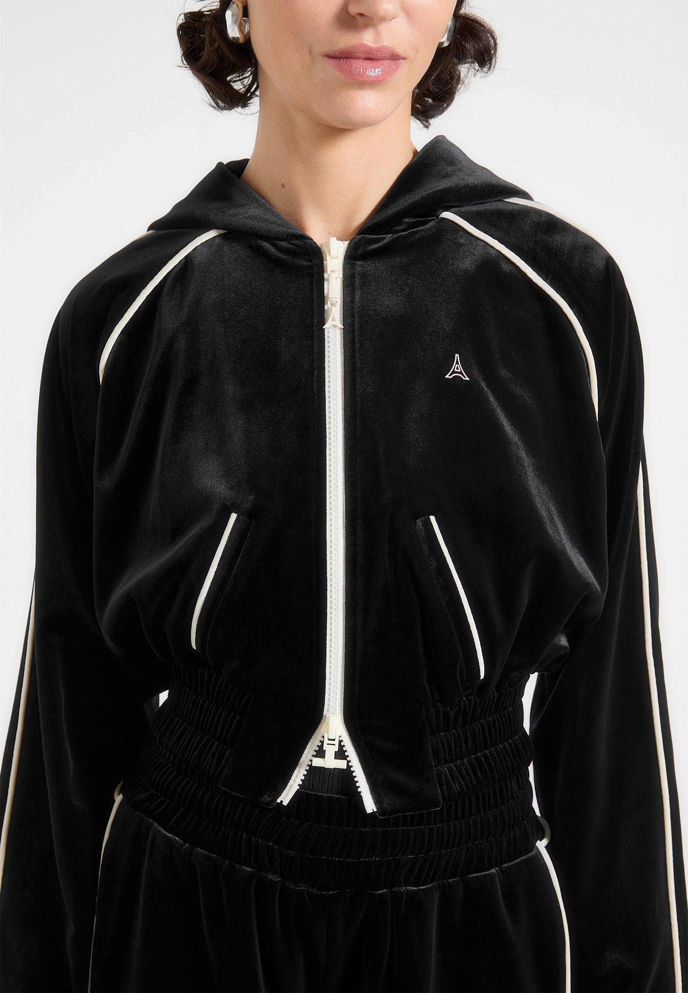 Eiffel Velour Zip Through Hoodie - Black