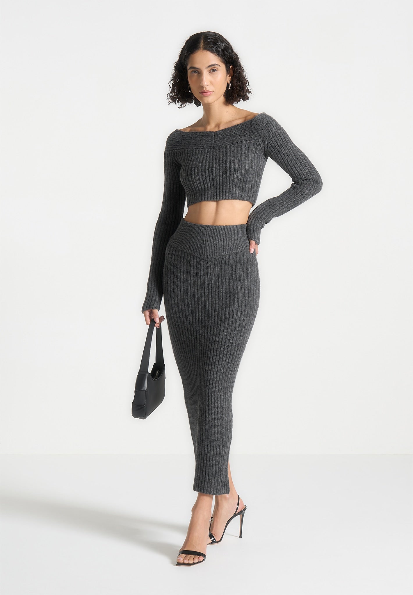 Off Shoulder Knit Crop Top - Grey Marl