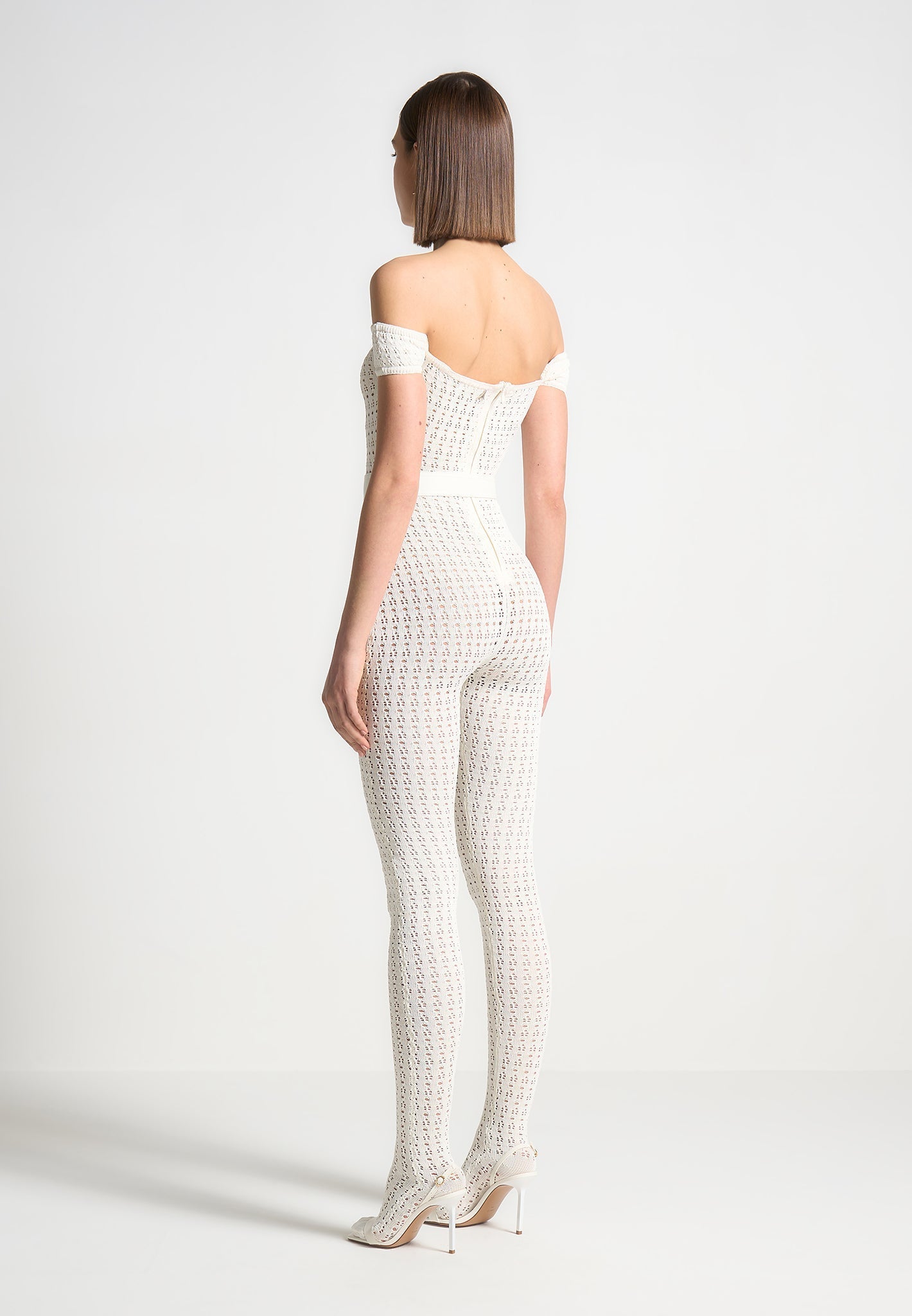Pointelle Knit Bardot Jumpsuit with Belt - Cream