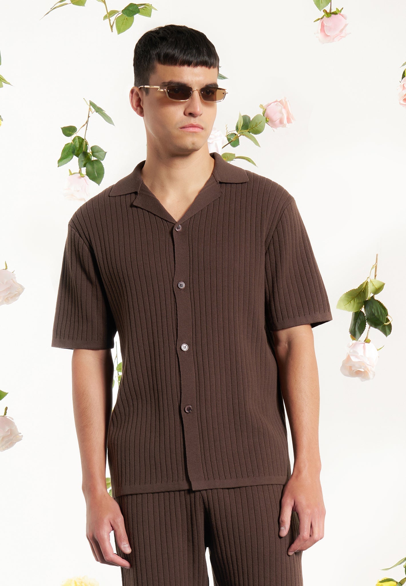 Ribbed Knit Revere Shirt - Brown