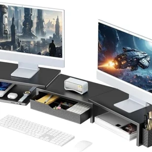 Dual Monitor Stand Riser with Drawer & Pen Holders – Black