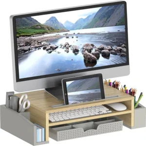 Oak Monitor Stand with Organizer Tray