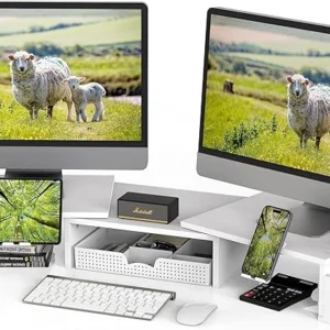 White Dual Monitor Stand with Organizer Drawer